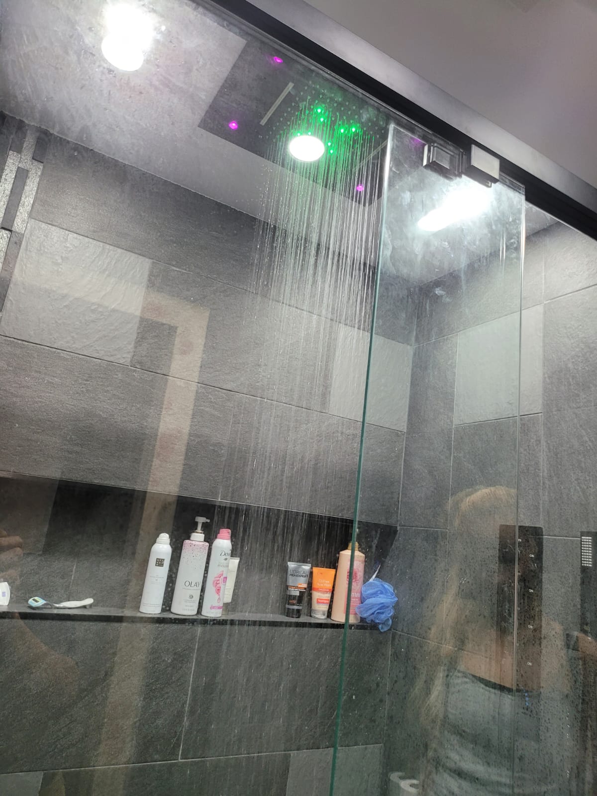 Shower with color-changing LED lighting
